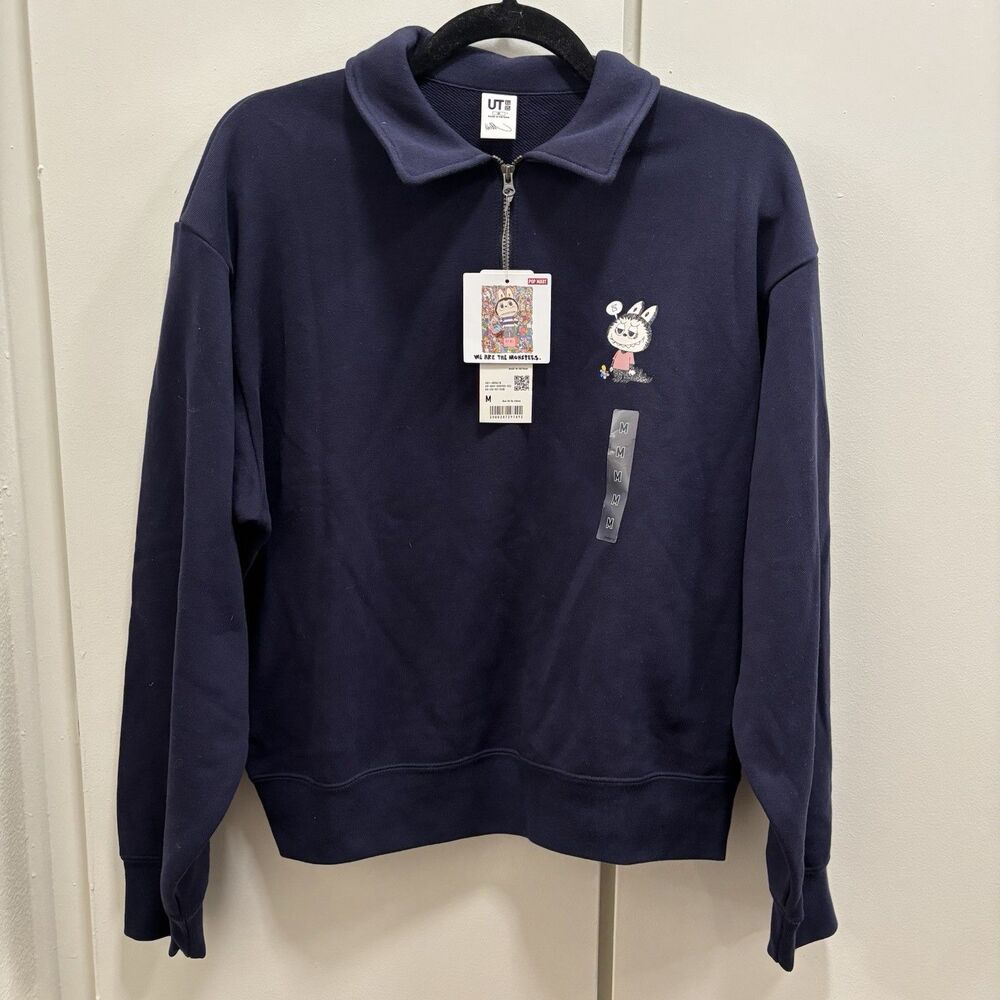 NWT Pop Mart x Uniqlo Sz Medium The Monsters Navy Half Zip Pullover Sweatshirt